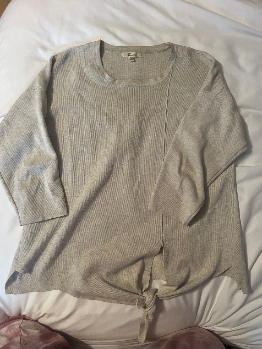 89th & Madison Heather Gray Tie-Front Crewneck Sweater